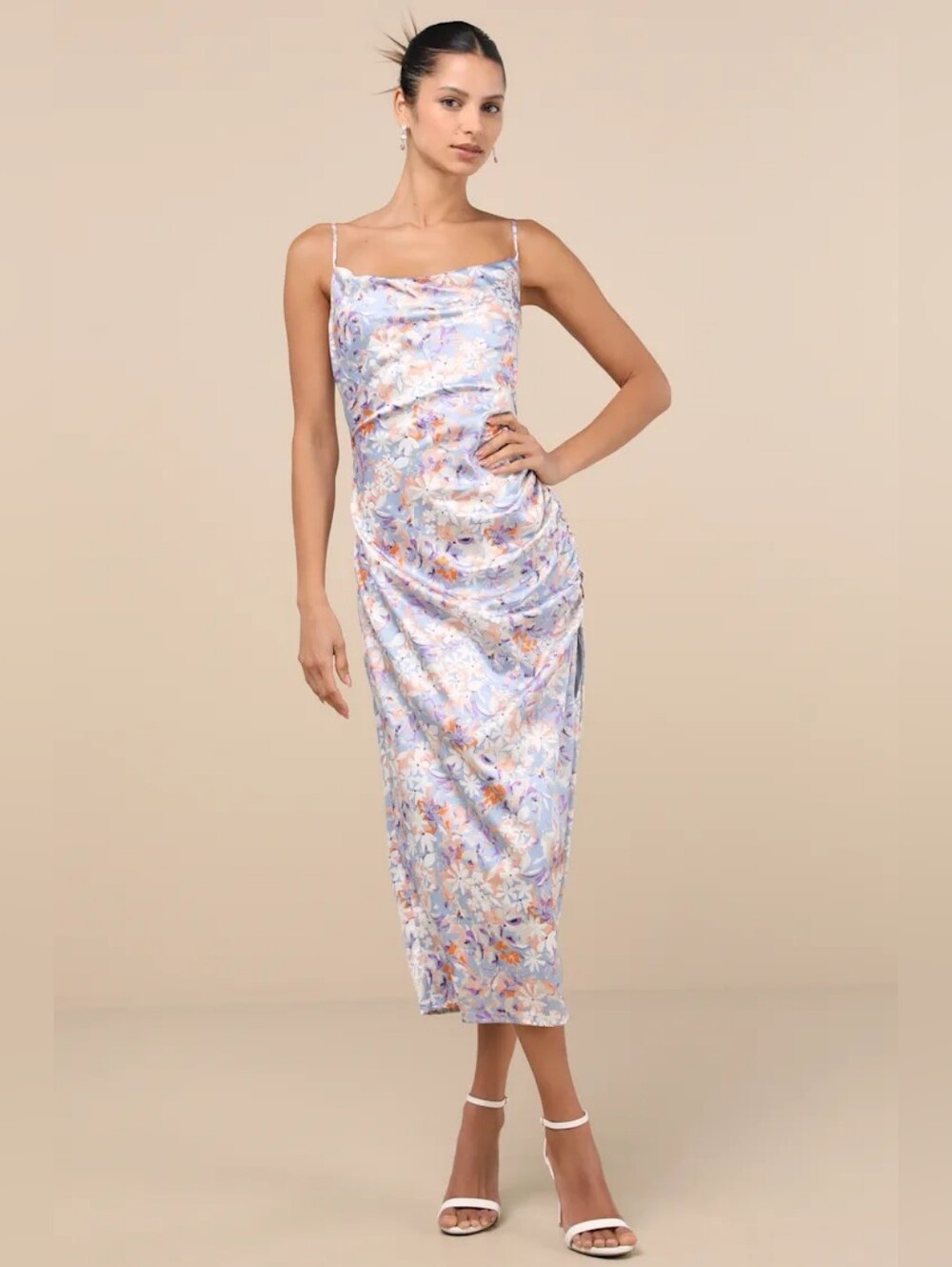 Lulu's Truest Romance Slate Floral Print Sleeveless Ruched Midi Dress
